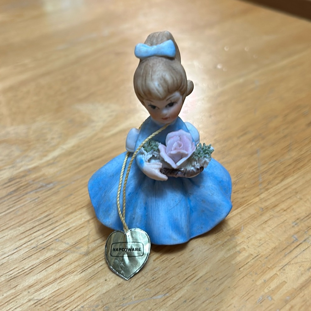 Porcelain Figurine Girl in Blue Dress holding a basket with flowers